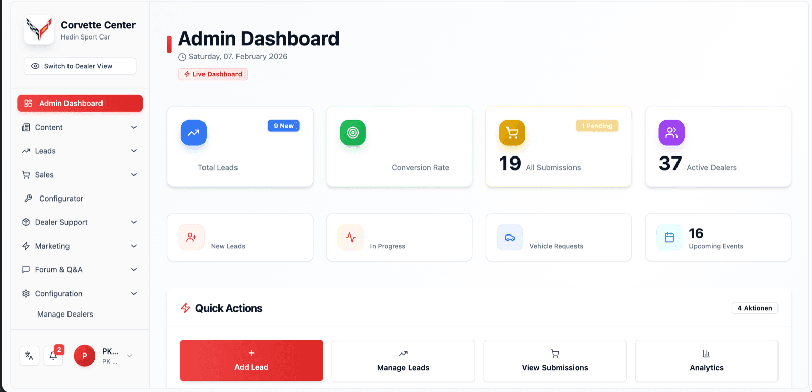 Corvette Center 2.0 – Admin-Dashboard