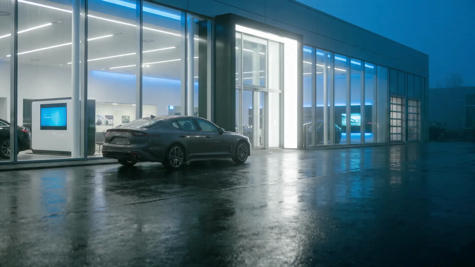 A grey new car waits at dawn in front of the lit entrance of a dealership